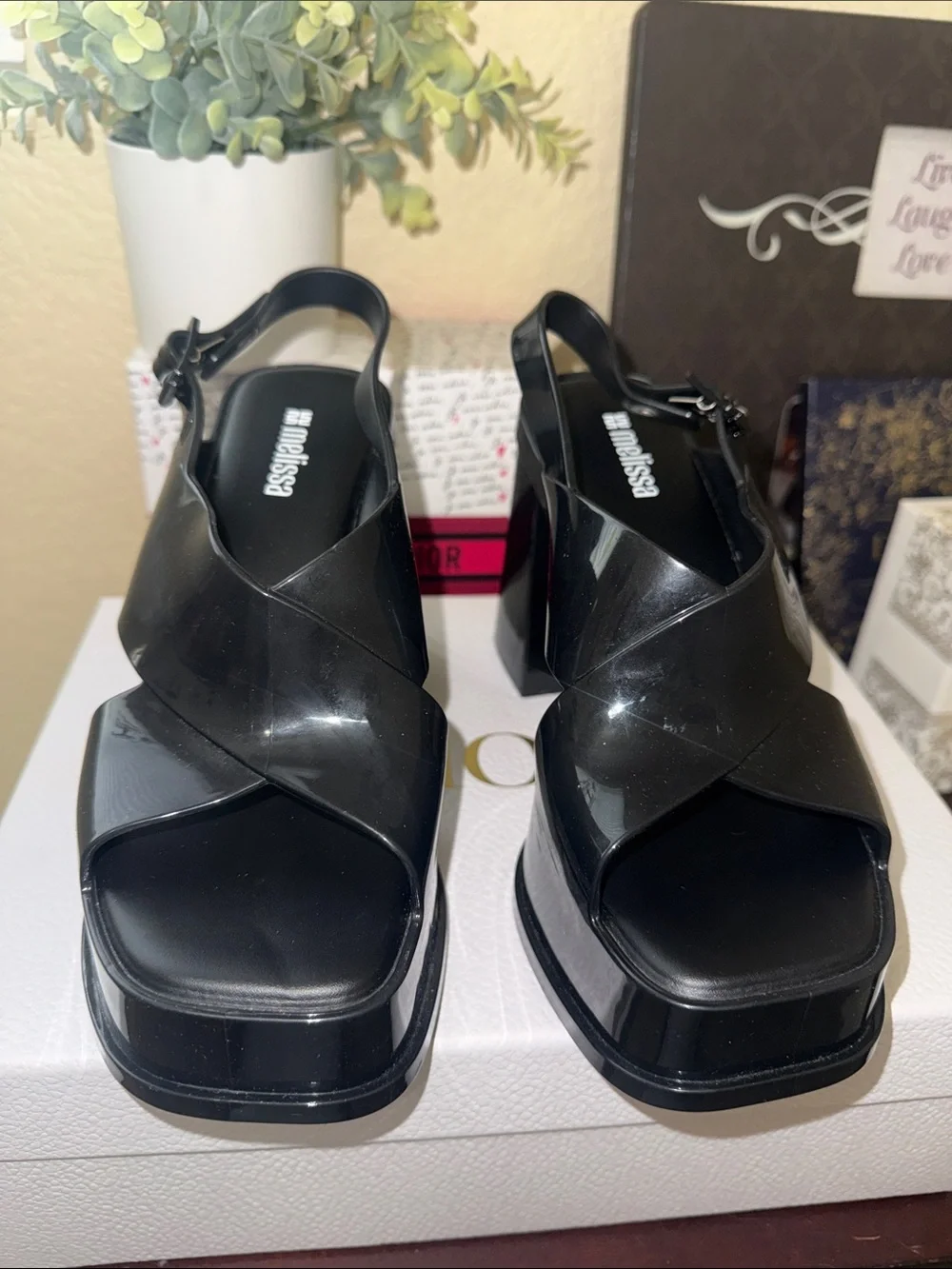 Melissa Black Glossy Platform Slingback Sandals
